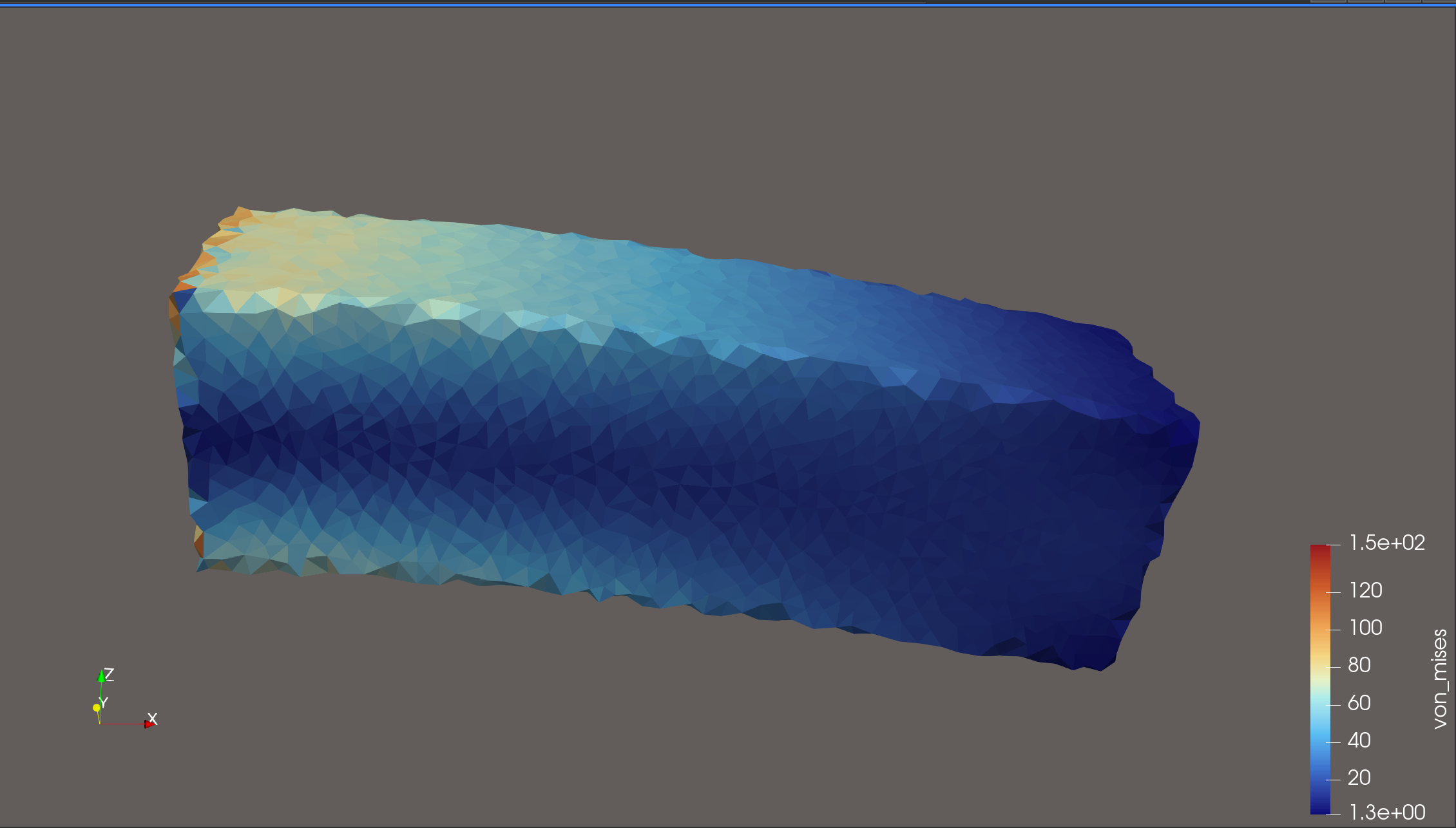 ParaView screenshot of the cantilever beam colored by von Mises stress