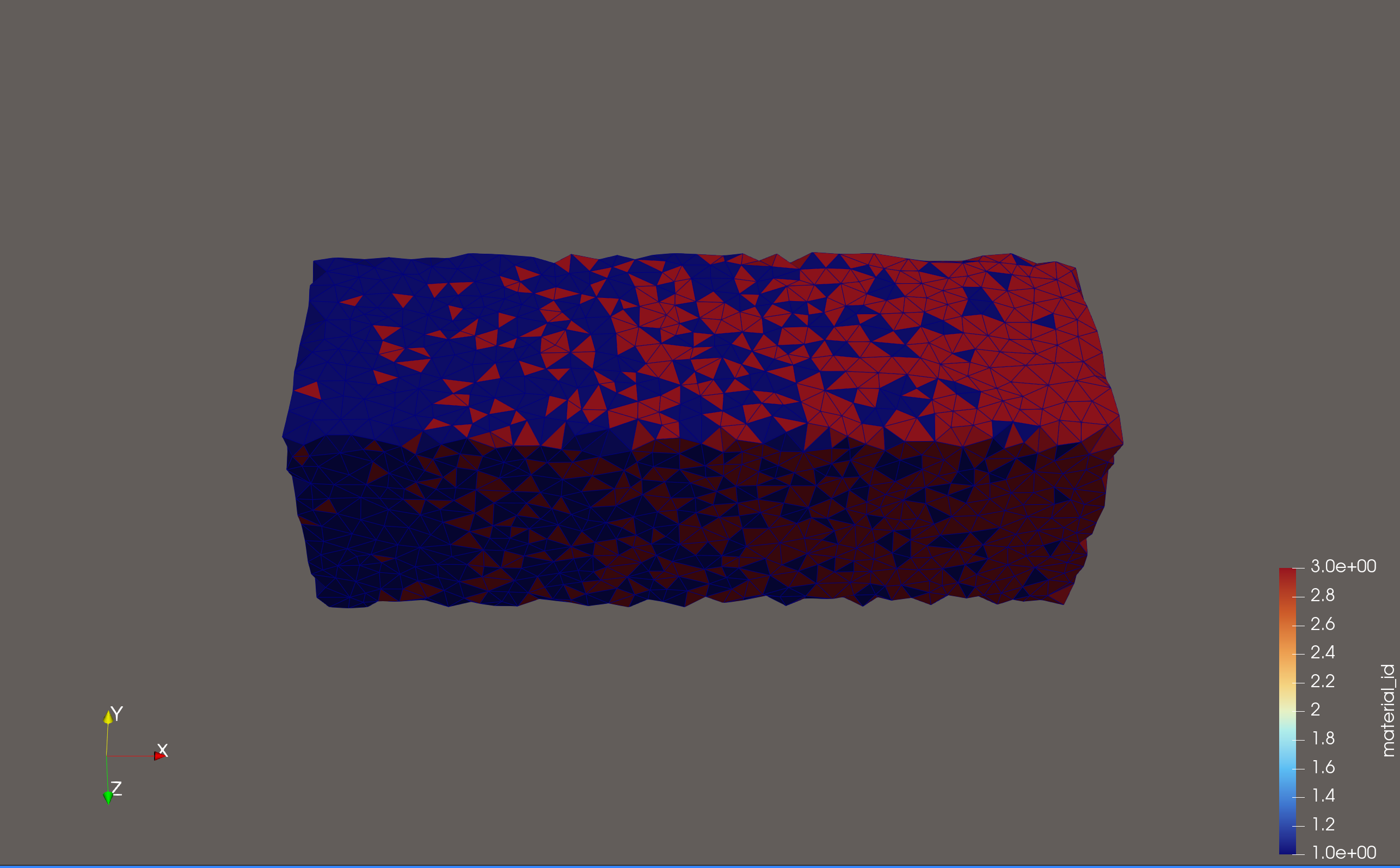 Low-resolution tetrahedral simulation export showing the stochastic material_id field