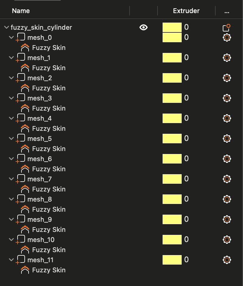 PrusaSlicer models list with per-volume fuzzy skin