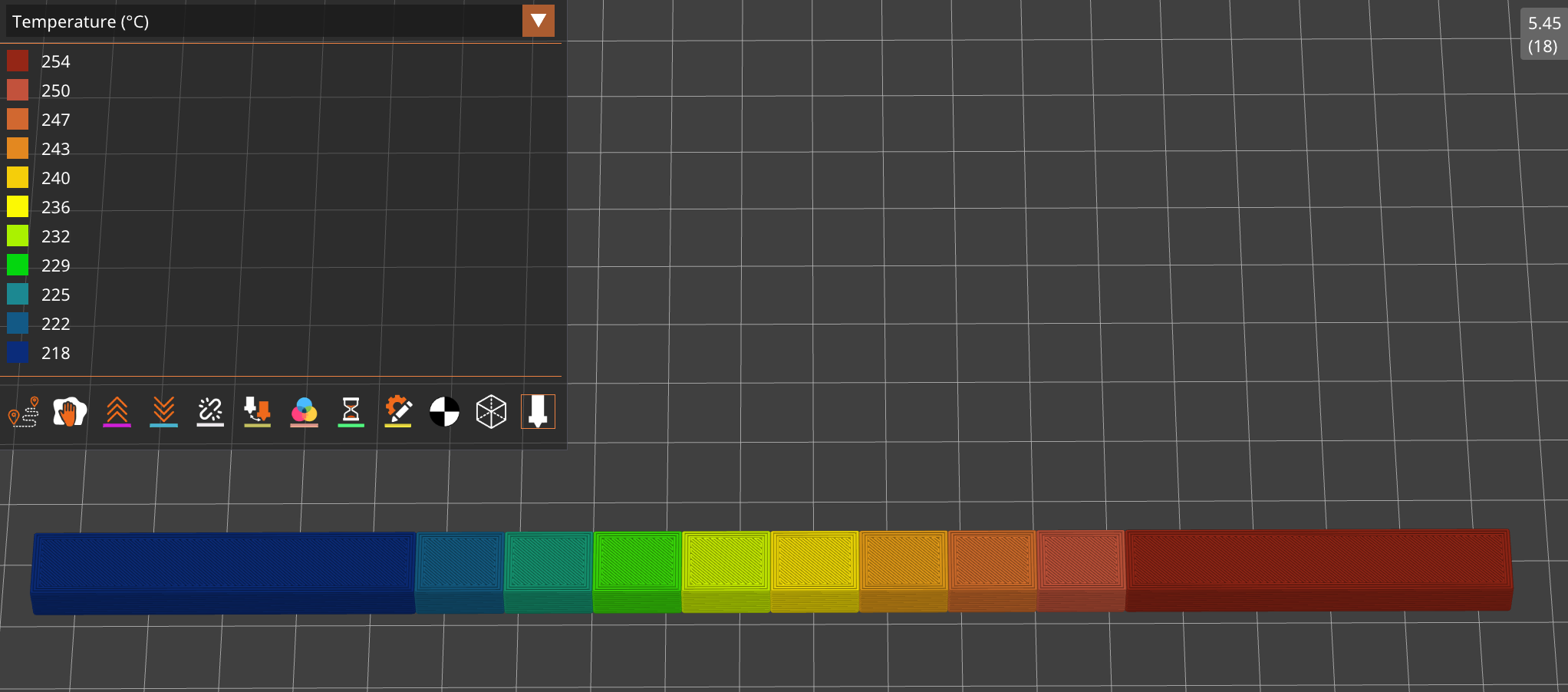 PrusaSlicer G-code preview colored by temperature