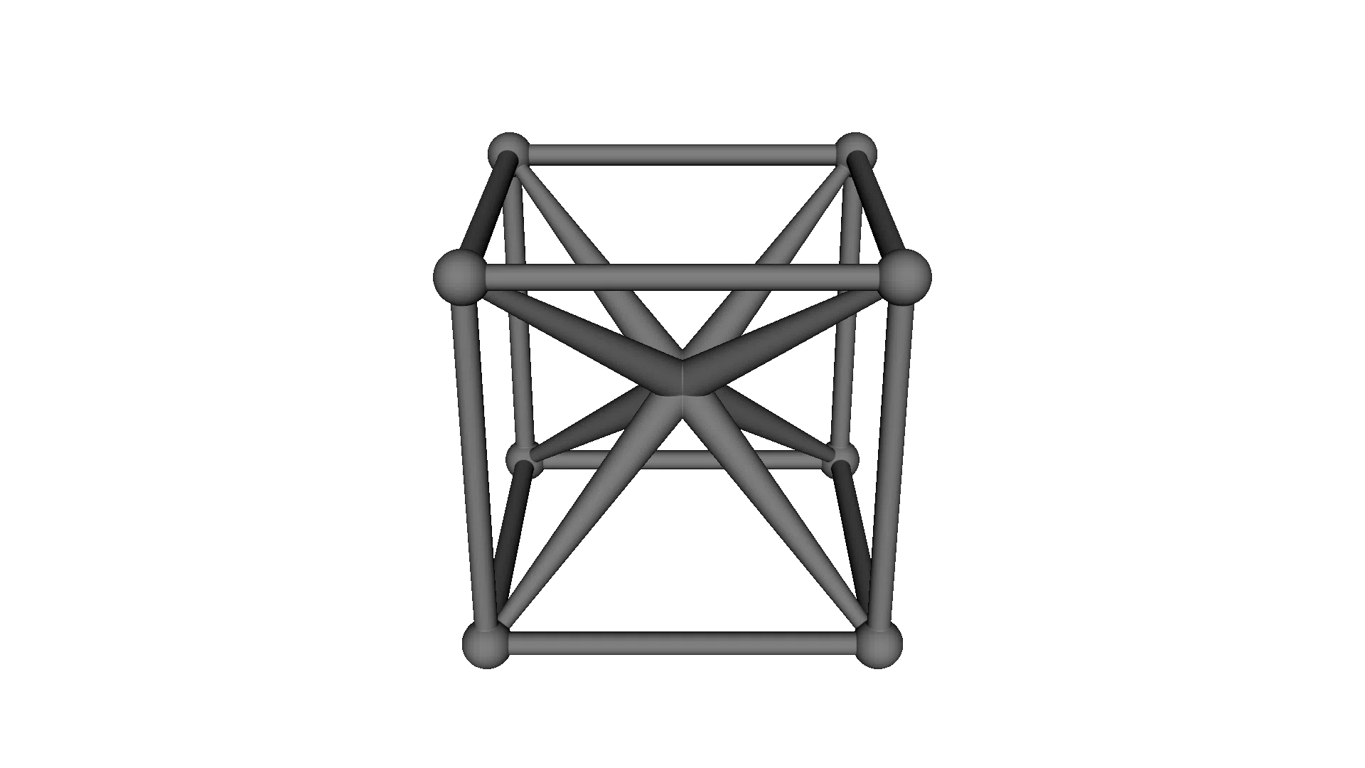 A cube of beams with tapered body diagonals and a ball at every node