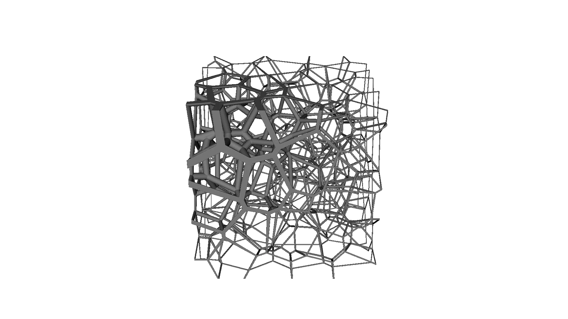 A variable-radius voronoi lattice clipped to a cube, with thick beams grading into thin ones