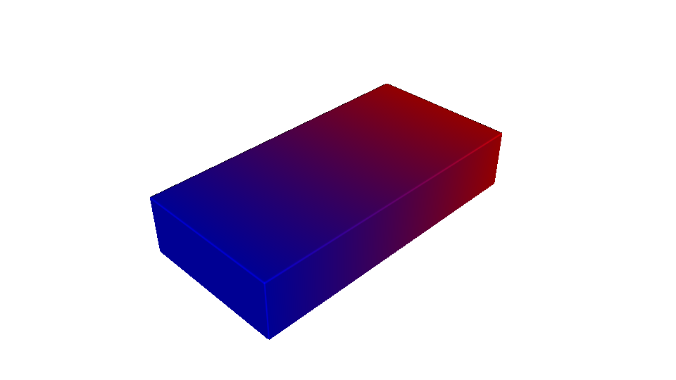 Rectangular OpenVCAD design grading from red material on the left to blue on the right