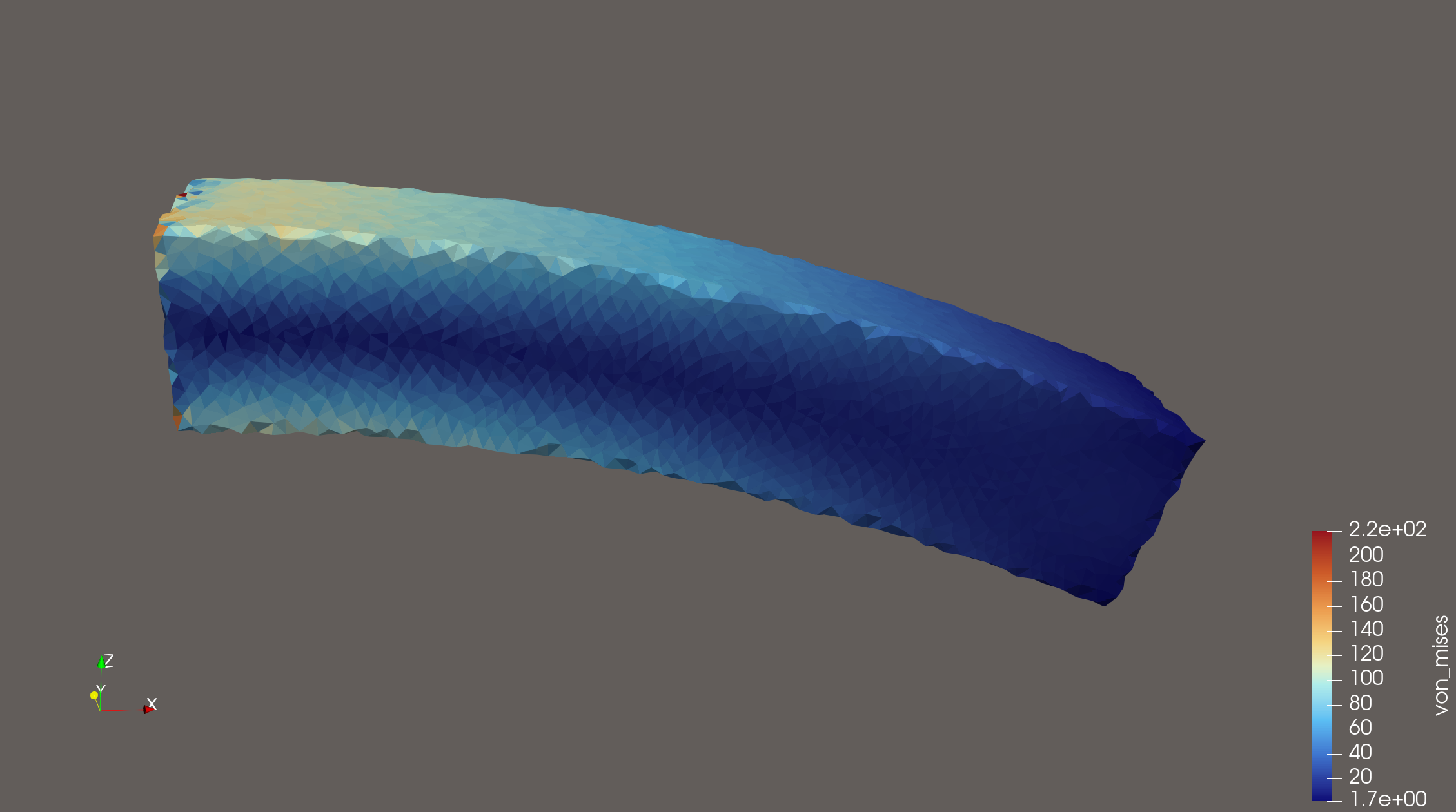 ParaView screenshot of the cantilever beam colored by von Mises stress
