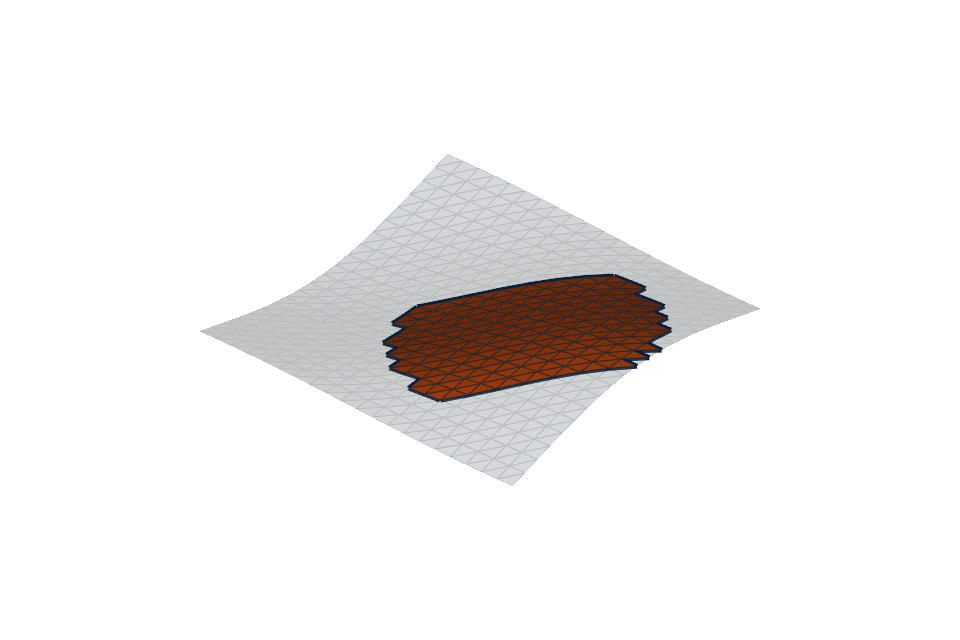 Wavy triangle mesh with a compact geodesic-radius patch highlighted in orange and its boundary outlined