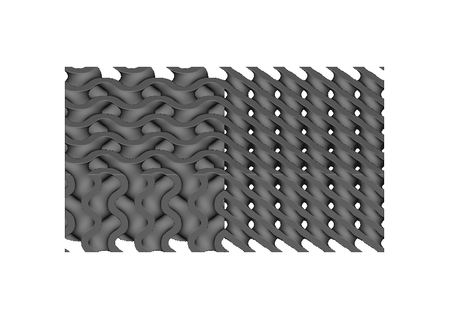 Close-up of a sharply clipped gyroid-to-Schwarz-D boundary