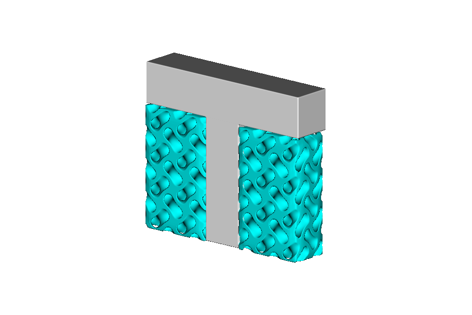 White T-bracket with a cyan gyroid lattice filling the support volume under each arm