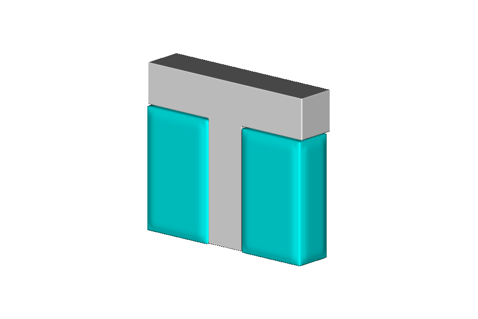 White T-bracket unioned with cyan solid support columns under each arm