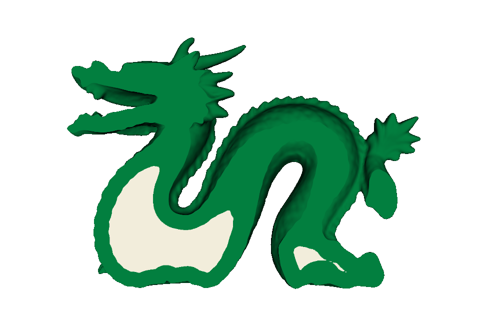 Green dragon clipped at its anatomical midline to expose its material-color shell and pale core