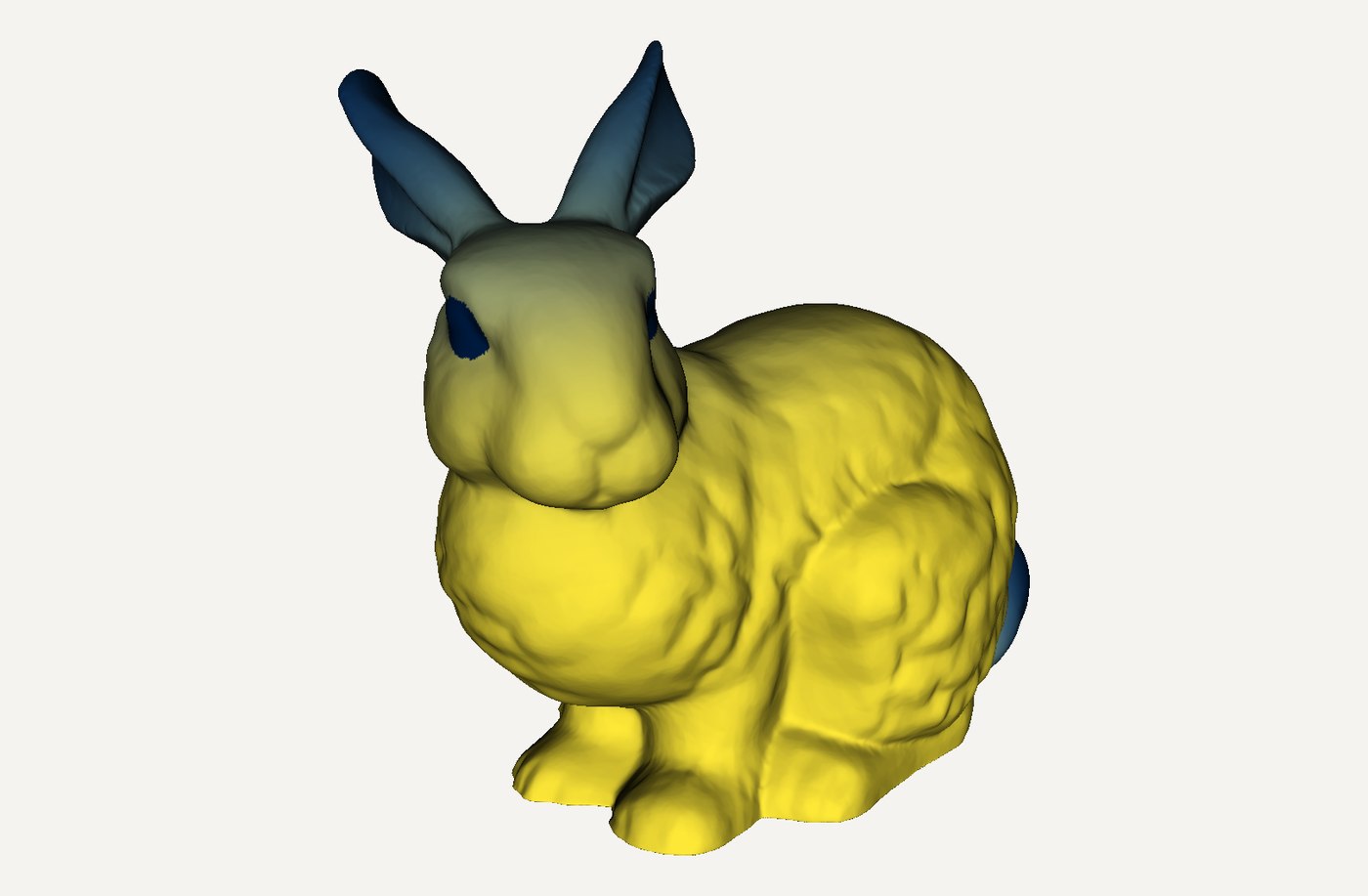 Render of a bunny colored yellow on the body, blue at the ears and eyes, and blue-gray at the tail.