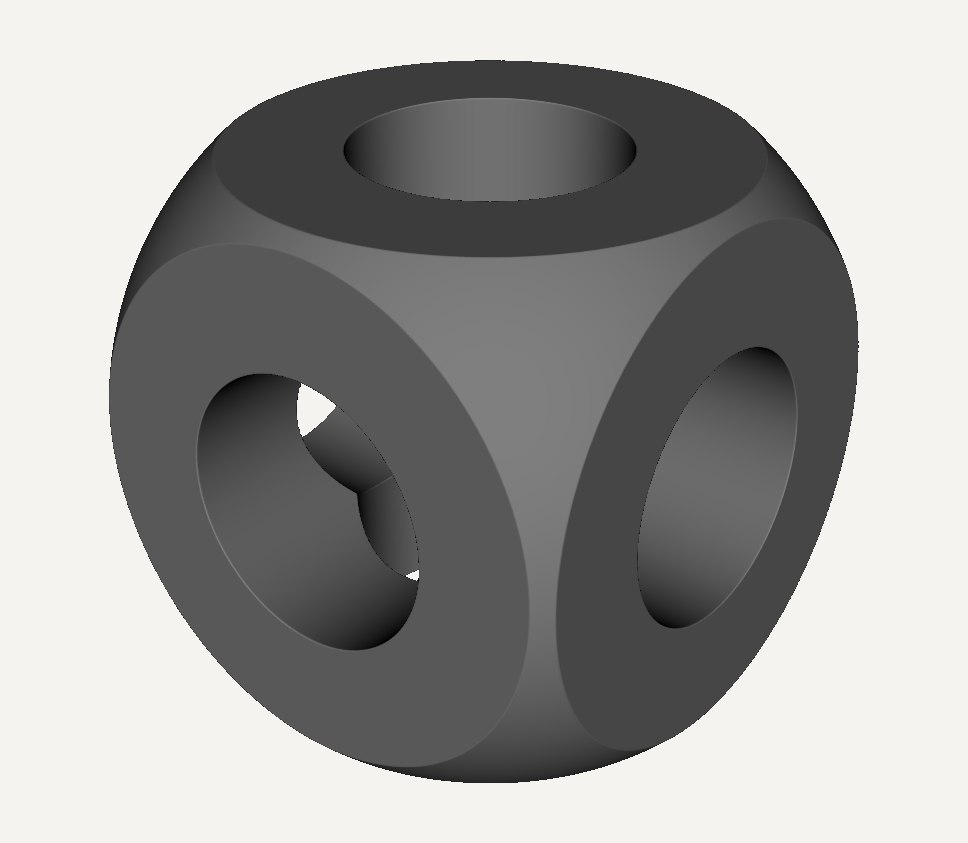 Gray rounded cube with a round hole through each face.