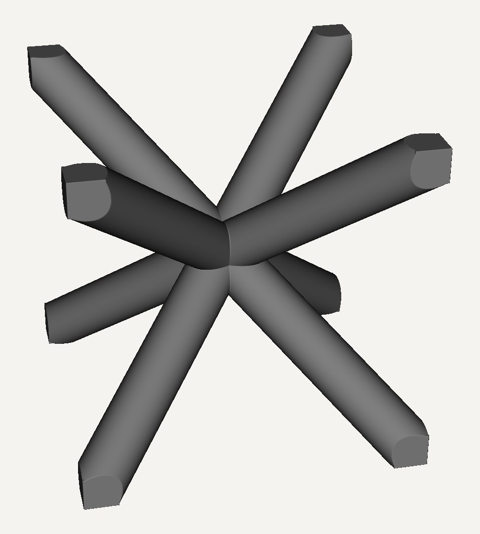 Gray render of a single strut unit cell with struts radiating from its center.