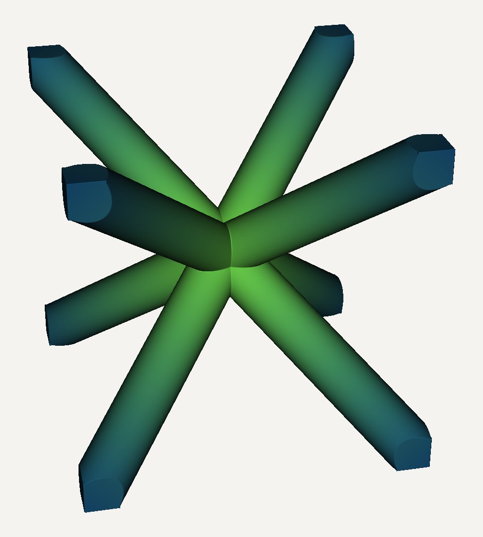 The same unit cell colored green at the center and blue at the strut tips.