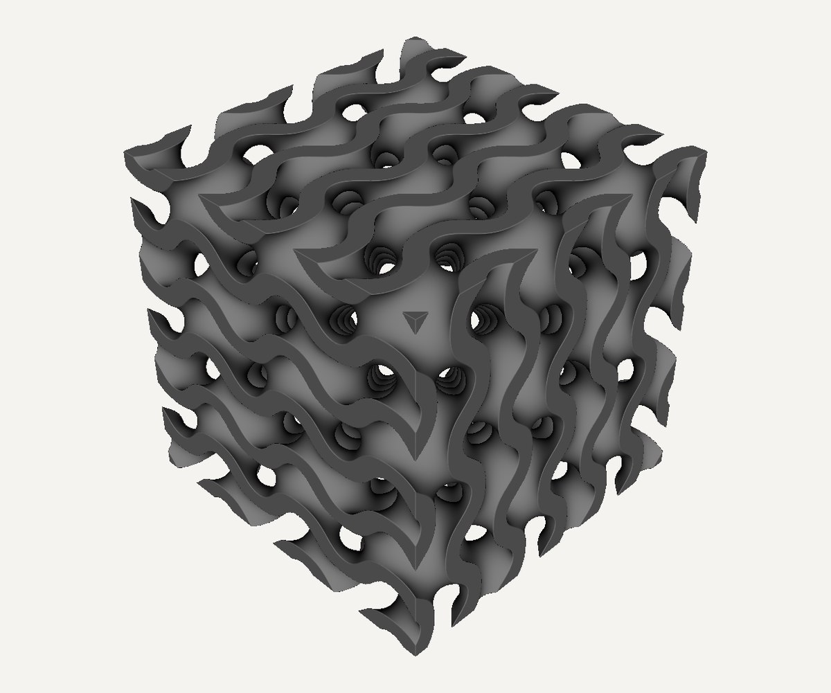 Gray gyroid lattice filling a cube, with curved interconnected walls.