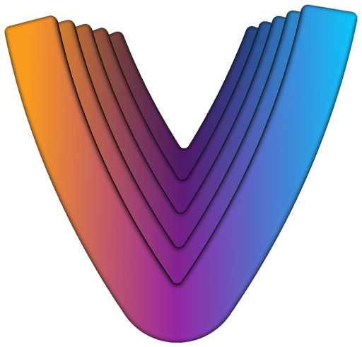 OpenVCAD logo: a stacked, layered letter V shading from orange through purple to blue.