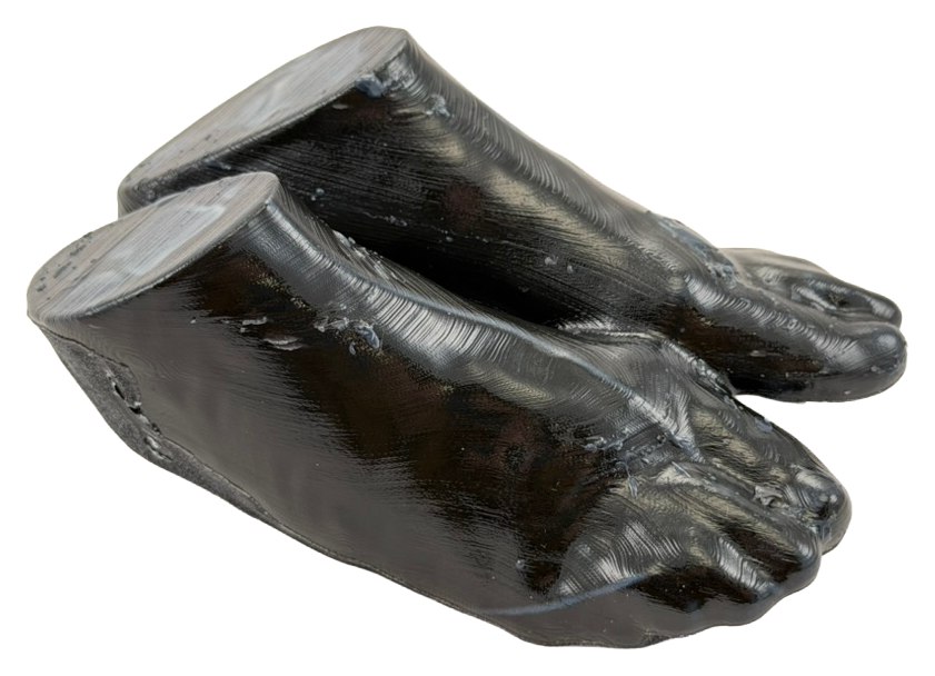 A dark, glossy printed phantom shaped like a pair of feet.