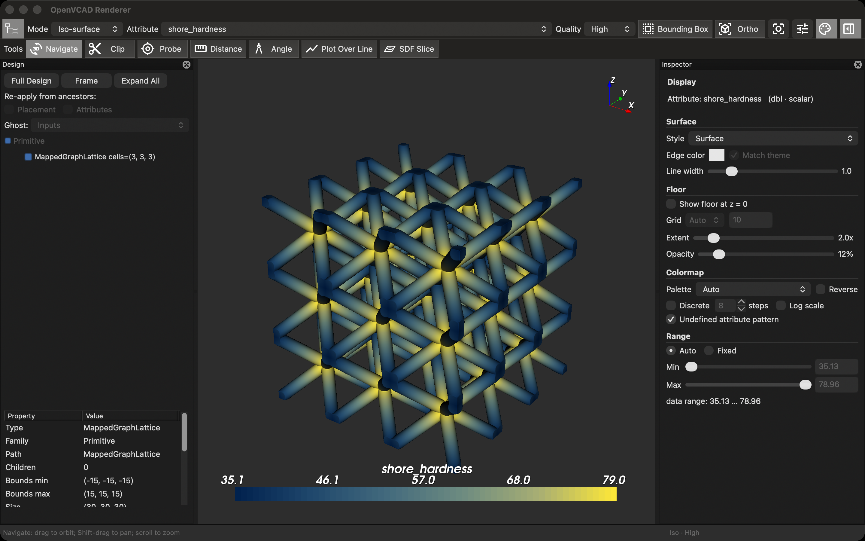 Screenshot of the OpenVCAD Renderer window. A design tree panel is on the left, a strut lattice colored from dark blue to yellow with a Shore hardness scale bar is in the center, and an inspector panel with surface, colormap, and range settings is on the right.