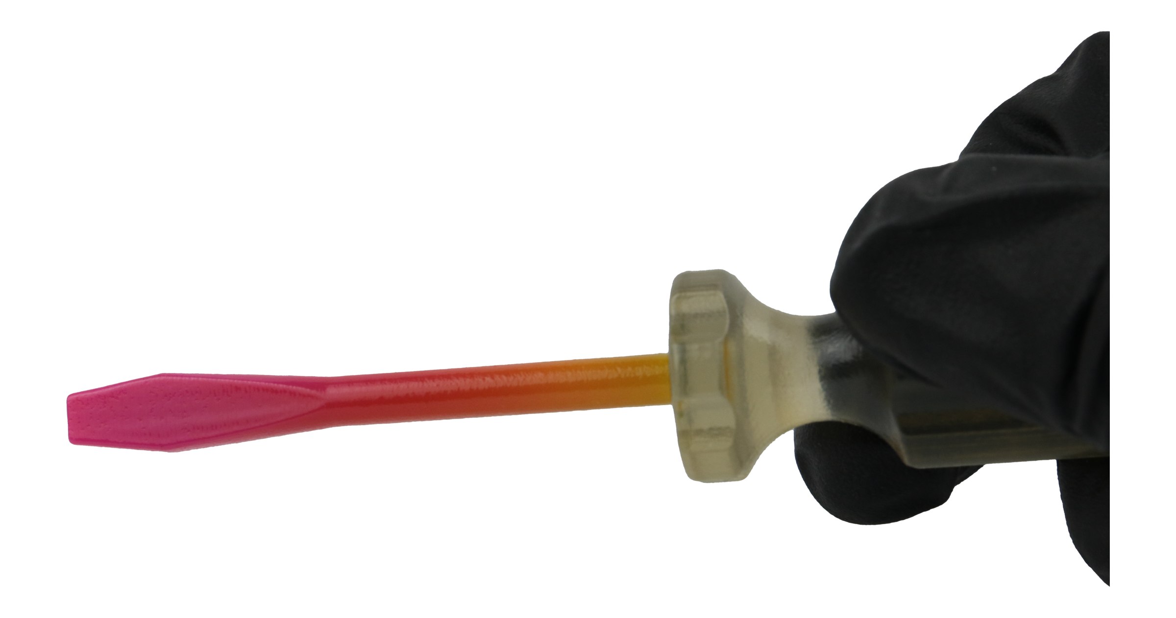 Printed screwdriver with a shaft shading from pink at the tip through orange to yellow, and a translucent handle held in a gloved hand.