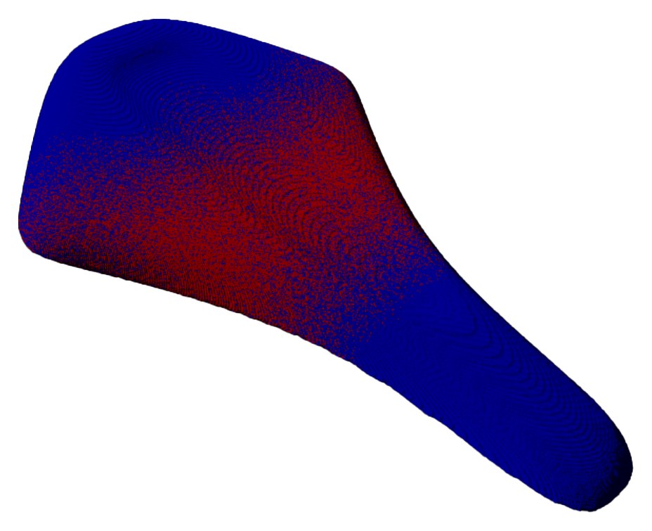 The same seat rendered with a blue and red material distribution, red concentrated in the middle.