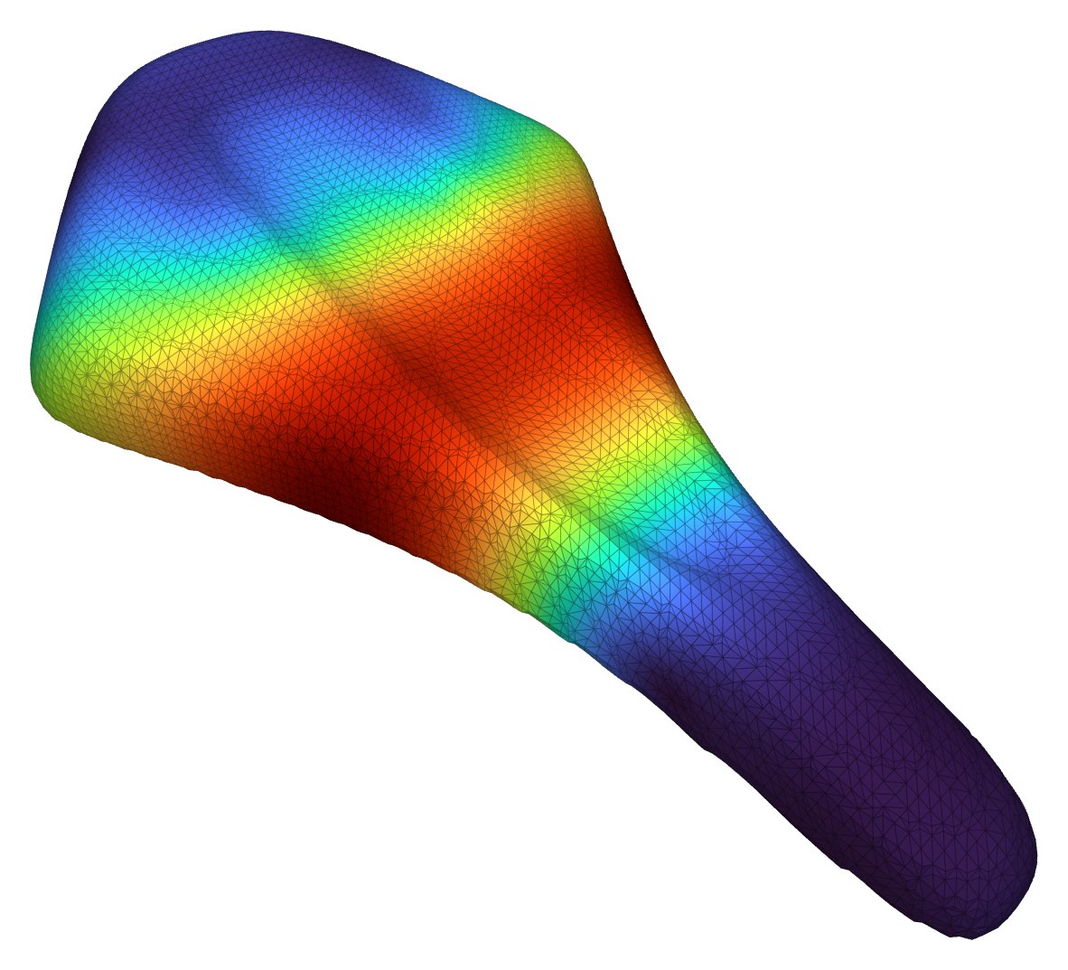 Bicycle seat colored by simulated displacement, blue at the supported ends and red in the unsupported middle.