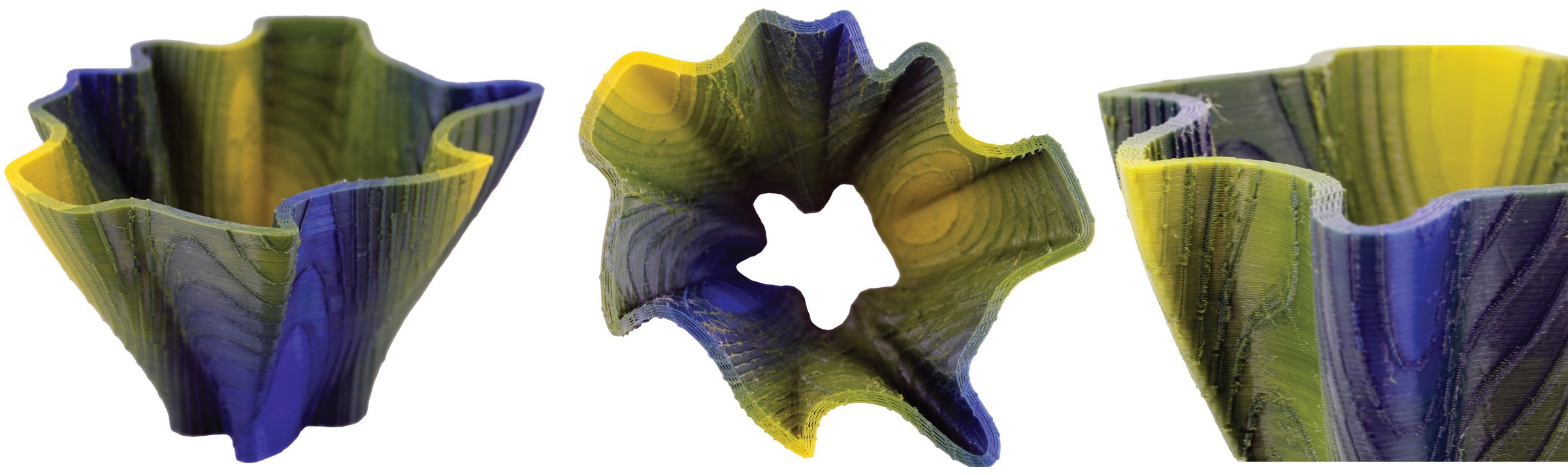 Three views of a printed vase with wavy walls, graded between blue and yellow in several directions.