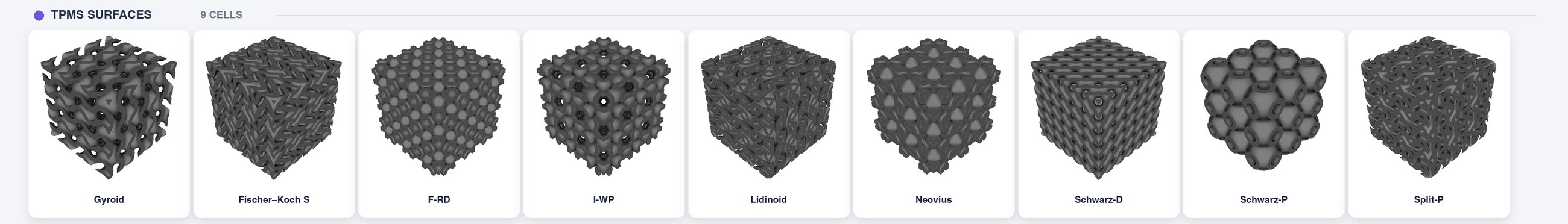Gyroid, Fischer-Koch S, F-RD, I-WP, Lidinoid, Neovius, Schwarz-D, Schwarz-P, and Split-P unit cells.